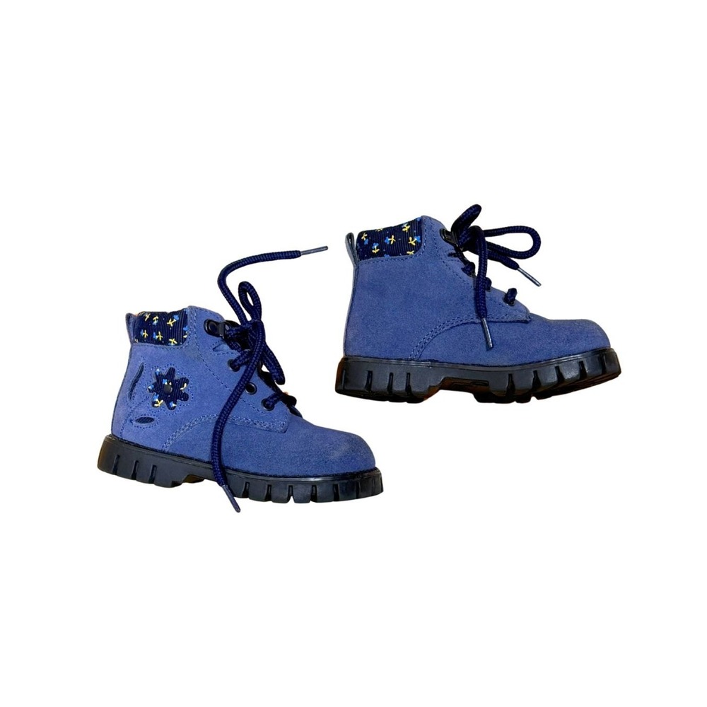 Smart Step Toddler Girls Blue Leather Suede Floral Lace Up Ankle Boots Size 6